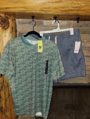 Men's Paisly All in Motion Polo & Blue Goodfellow Drawstring Shorts Both NWT LG